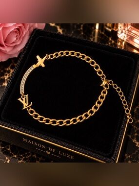 Gold LV Charm Rhinestone Chain Bracelet